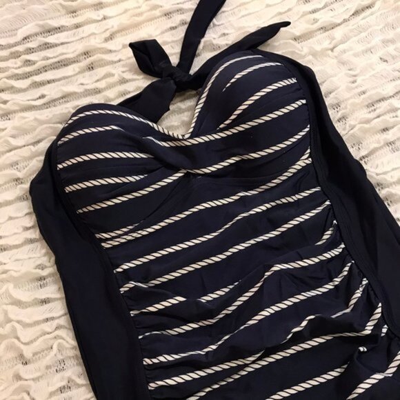 MERONA one piece swimsuit navy blue nautical stripe rope halter beach small - Picture 8 of 8